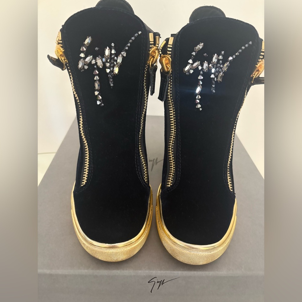 Giuseppe Zanott Navy velvet and Gold sole High-Top Sneakers with Rhinestone logo